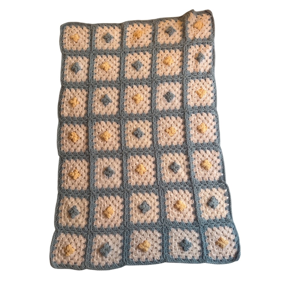 Handmade Crochet Granny Square Baby Blanket Blue Yellow Popcorn Flower Nursery